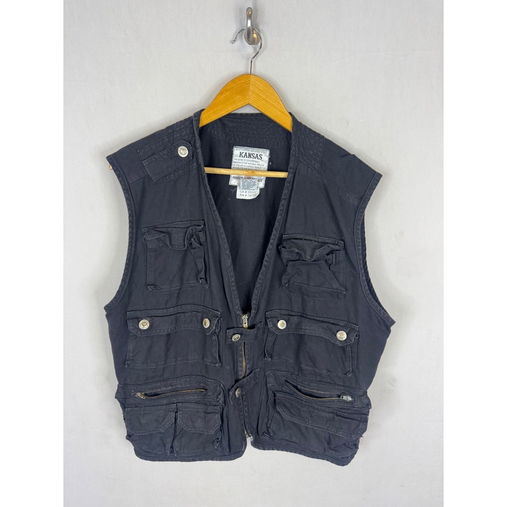 Kansas Vintage Black Cotton Multi Pocket Utility Fishing Cargo Vest Large